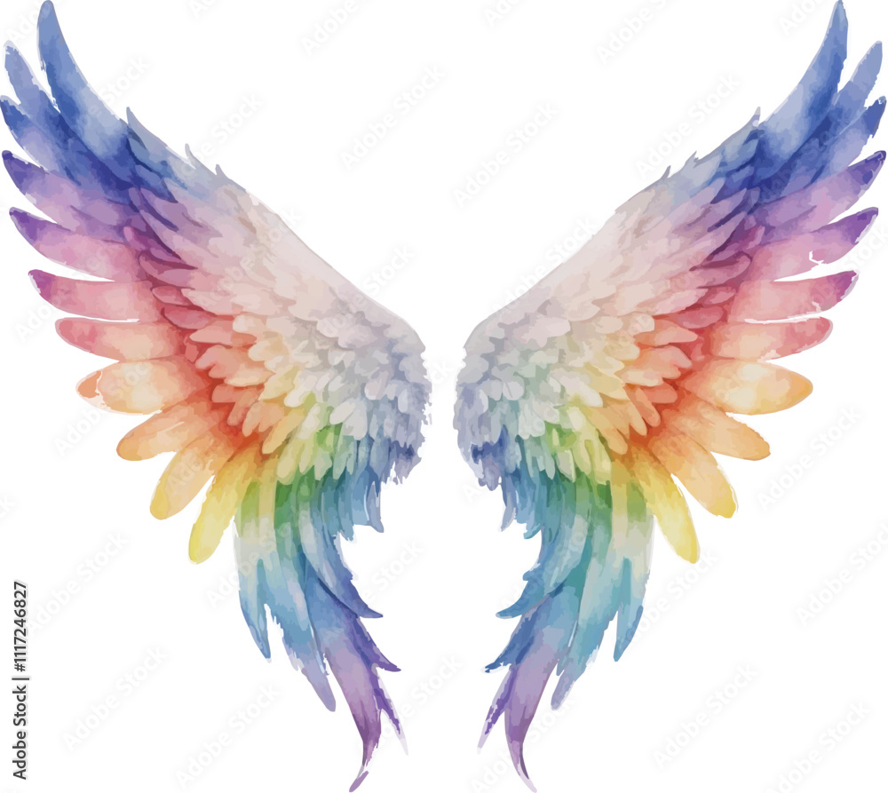 Fototapeta premium Rainbow Angel Wings Watercolor Illustration - Vibrant, Ethereal Design on White Background