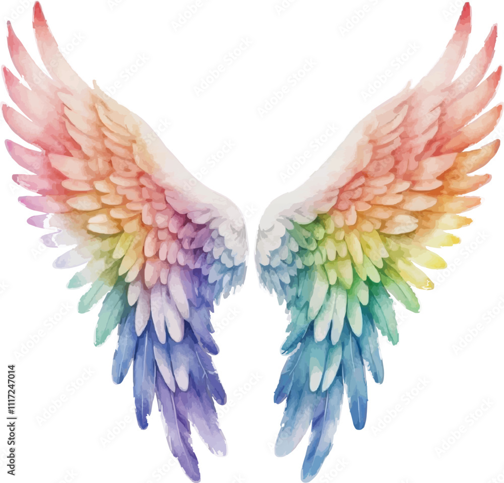 Fototapeta premium Rainbow angel wings watercolor illustration isolated on white background