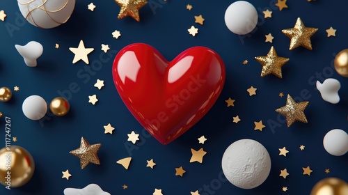 Colorful Heart Shaped Object Surrounded by Golden Stars and White and Gold Decorative Elements on Dark Background for Valentine Day or Celebration Themes