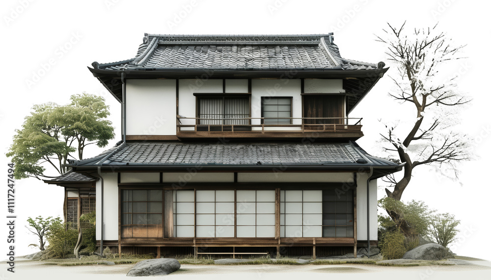 Traditional Japanese house with serene garden and trees Traditional Japanese house with serene garden and trees