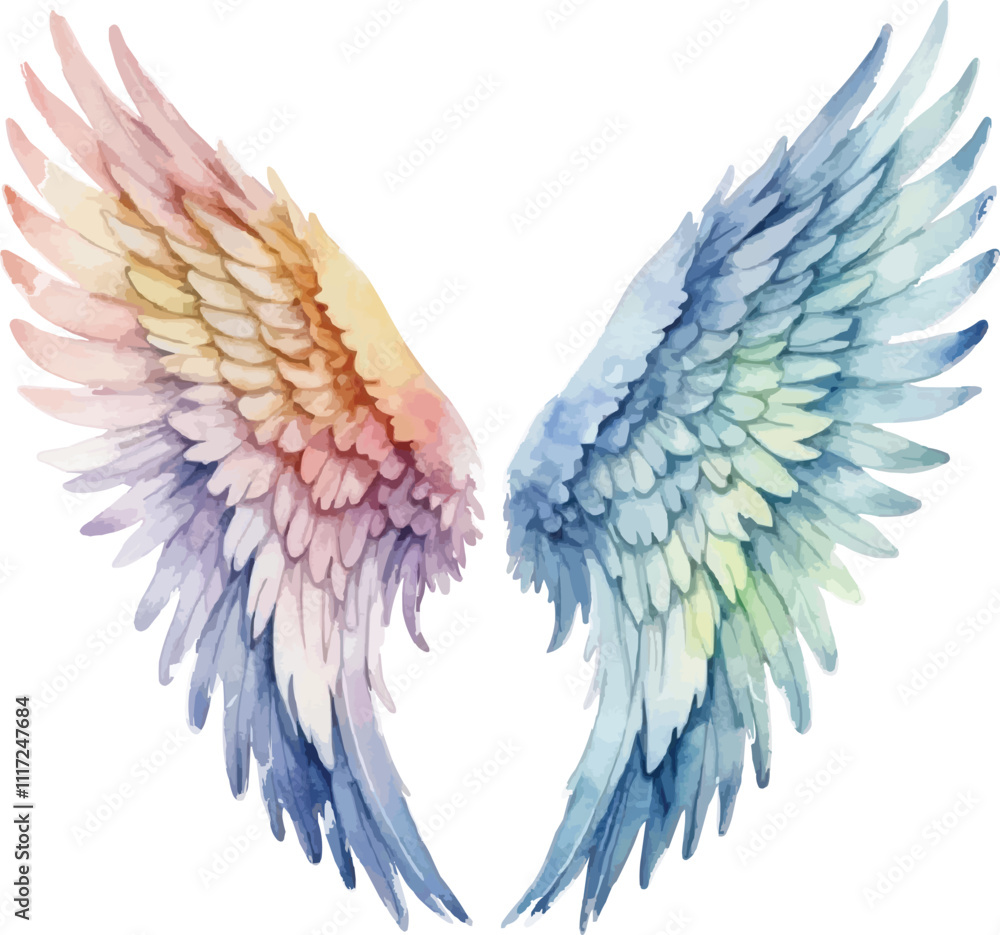Fototapeta premium Rainbow angel wings watercolor illustration isolated on white background