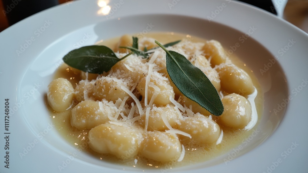 A delicious plate of gnocchi with sage butter sauce, topped with grated Parmesan and garnished with fresh sage leaves A delicious plate of gnocchi with sage butter sauce, topped with grated Parmesan and garnished with fresh sage leaves