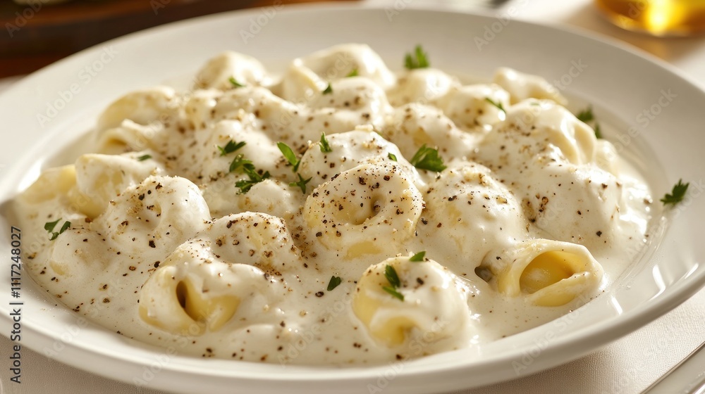 A plate of tortellini in creamy Alfredo sauce, garnished with cracked pepper and fresh parsley, served on a fine white plate A plate of tortellini in creamy Alfredo sauce, garnished with cracked pepper and fresh parsley, served on a fine white plate