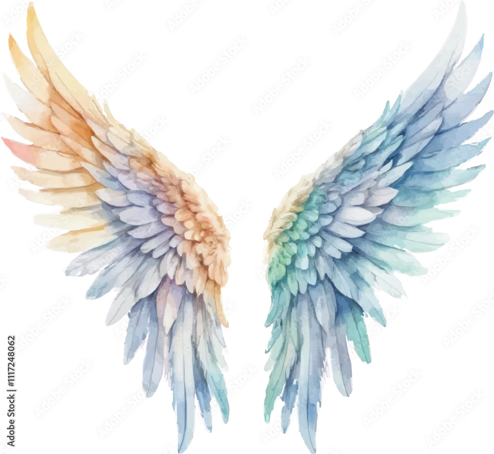 Fototapeta premium Rainbow angel wings watercolor illustration isolated on white background