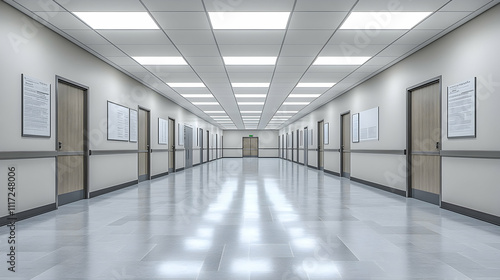 Long, empty hospital corridor with doors and light fixtures.