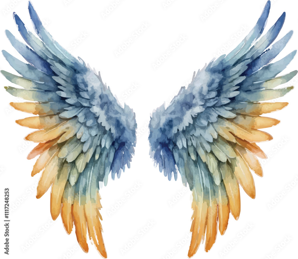 Fototapeta premium Rainbow angel wings watercolor illustration isolated on white background