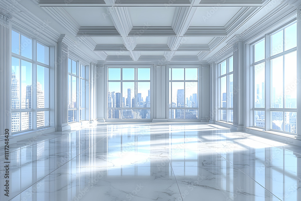 Luxurious empty room with city view, marble floor, large windows, and classic design. Luxurious empty room with city view, marble floor, large windows, and classic design.
