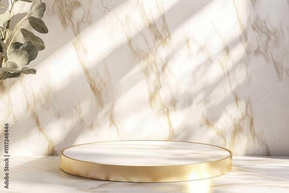 A minimalist display with a circular platform against a marble backdrop, ideal for product showcasing. A minimalist display with a circular platform against a marble backdrop, ideal for product showcasing.