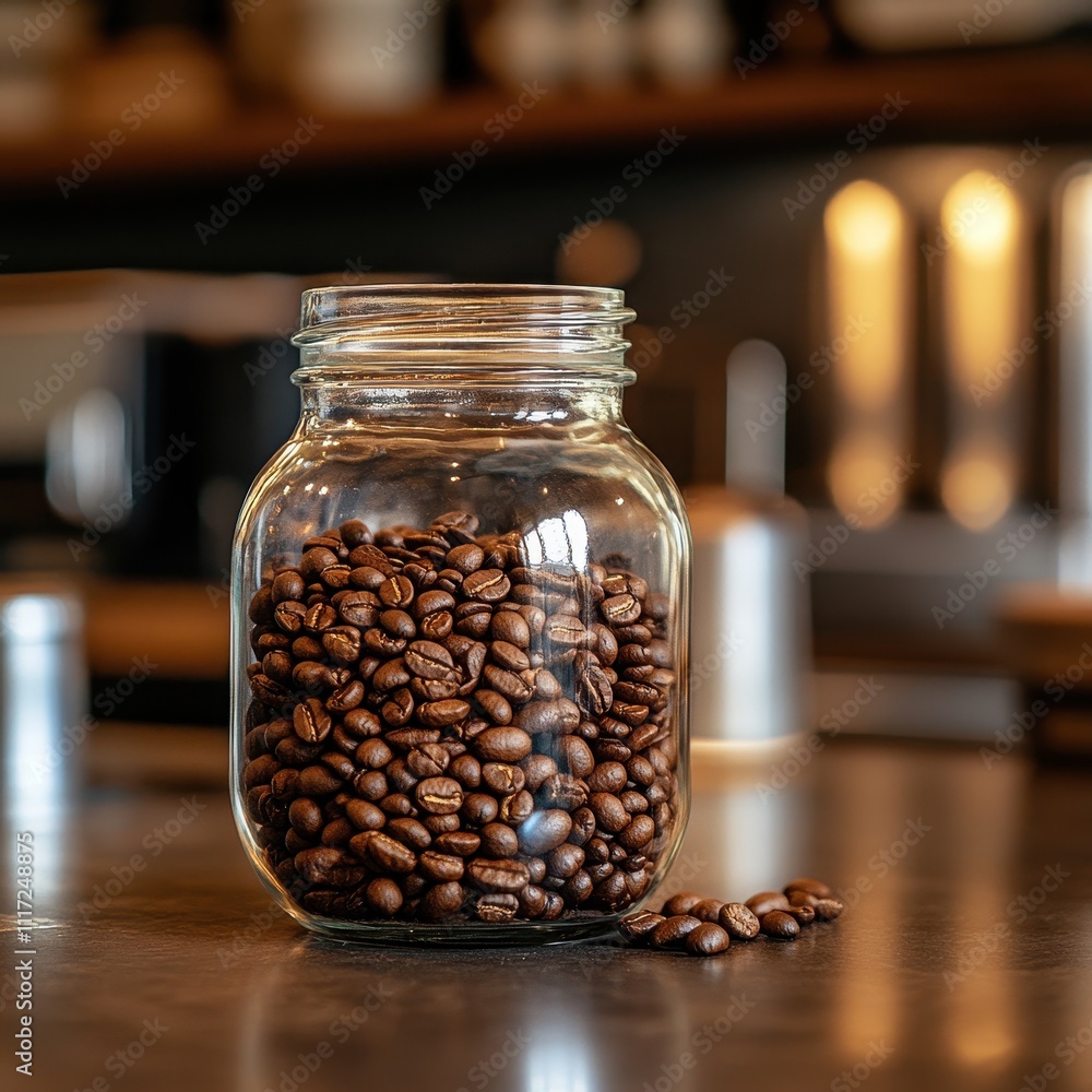 Artisan Coffee Beans in a Glass Jar Rustic Countertop Cafe Setting Still Life Warm Atmosphere Artisan Coffee Beans in a Glass Jar Rustic Countertop Cafe Setting Still Life Warm Atmosphere