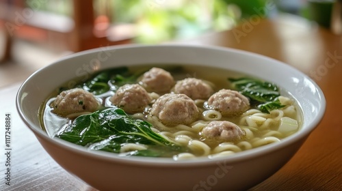 A bowl of Italian wedding soup with tiny meatballs, leafy greens, and small pasta in a flavorful broth