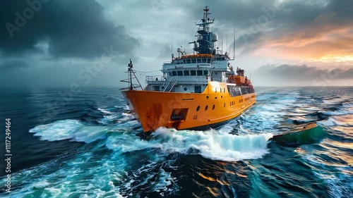 Orange research vessel navigating stormy seas at sunset
