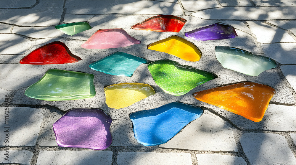Colorful glass pieces embedded in a stone pavement. Colorful glass pieces embedded in a stone pavement.