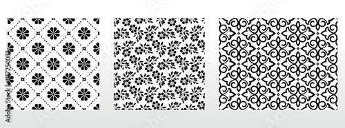 Geometric floral set of seamless patterns. White and black vector backgrounds. Damask graphic ornaments.
