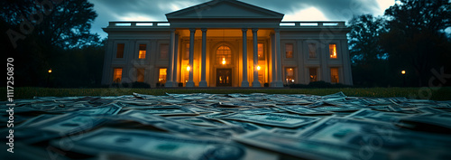 Blue glowing dollar bills scattered on the ground in front of a digital-style dark background, symbolizing wealth, financial power, and futuristic economy, ideal for technology, finance, and cryptocur photo