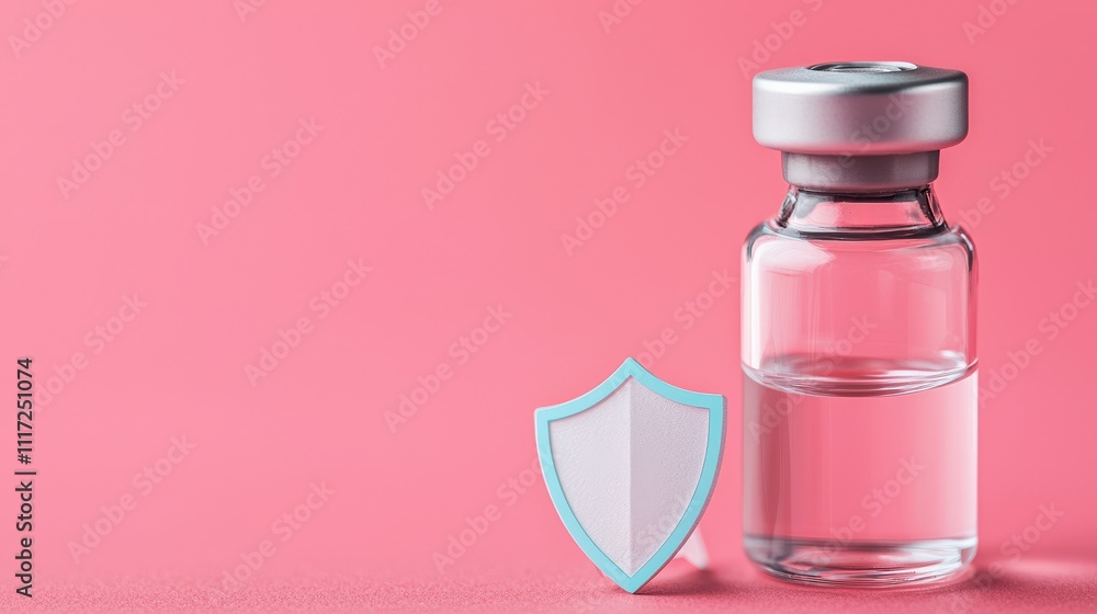 Vial of vaccine next to a shield icon on a pink background, symbolizing health and protection. Vial of vaccine next to a shield icon on a pink background, symbolizing health and protection.