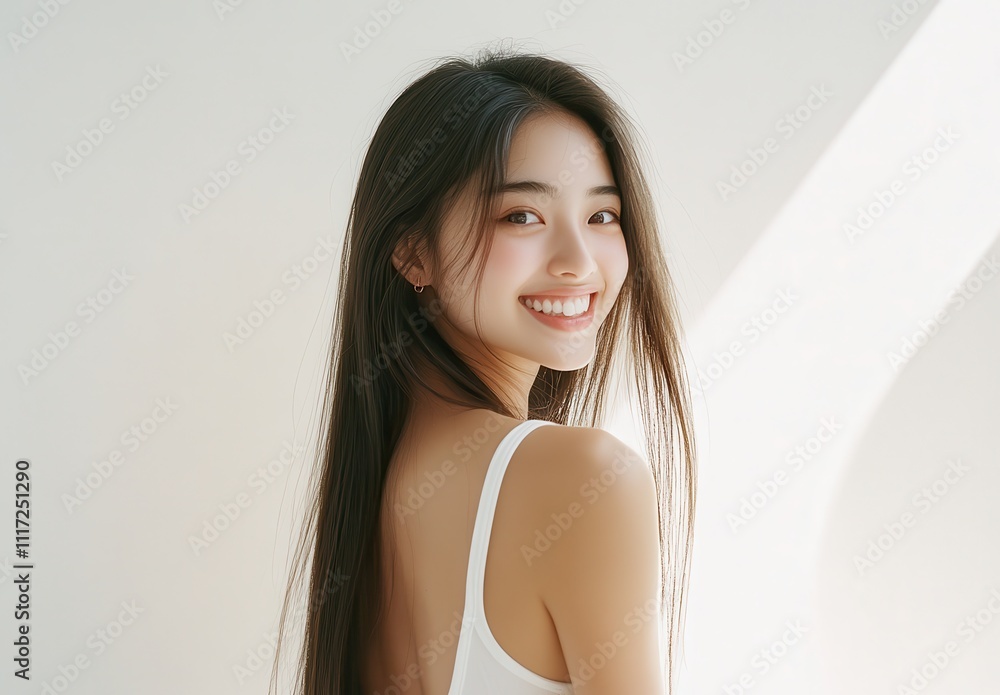 Young woman with long dark hair wearing a white tank top smiling softly while looking over her shoulder in a bright, minimalist indoor setting with soft light Young woman with long dark hair wearing a white tank top smiling softly while looking over her shoulder in a bright, minimalist indoor setting with soft light