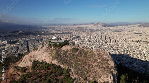 Athens, Greece drone shot with Lycabettus Hill in forground, 4K photo