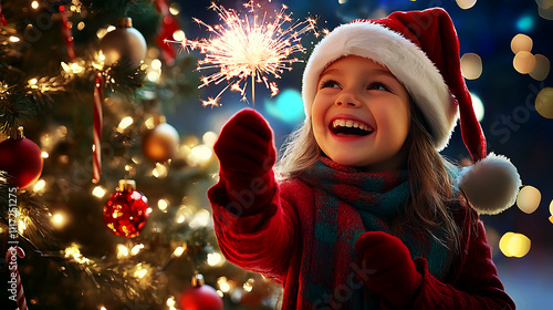 Happy young girl holds fireworks in front of a beautifully decorated Christmas tree. smiling excitedly Have fun celebrating Christmas with bright colors and warmth.