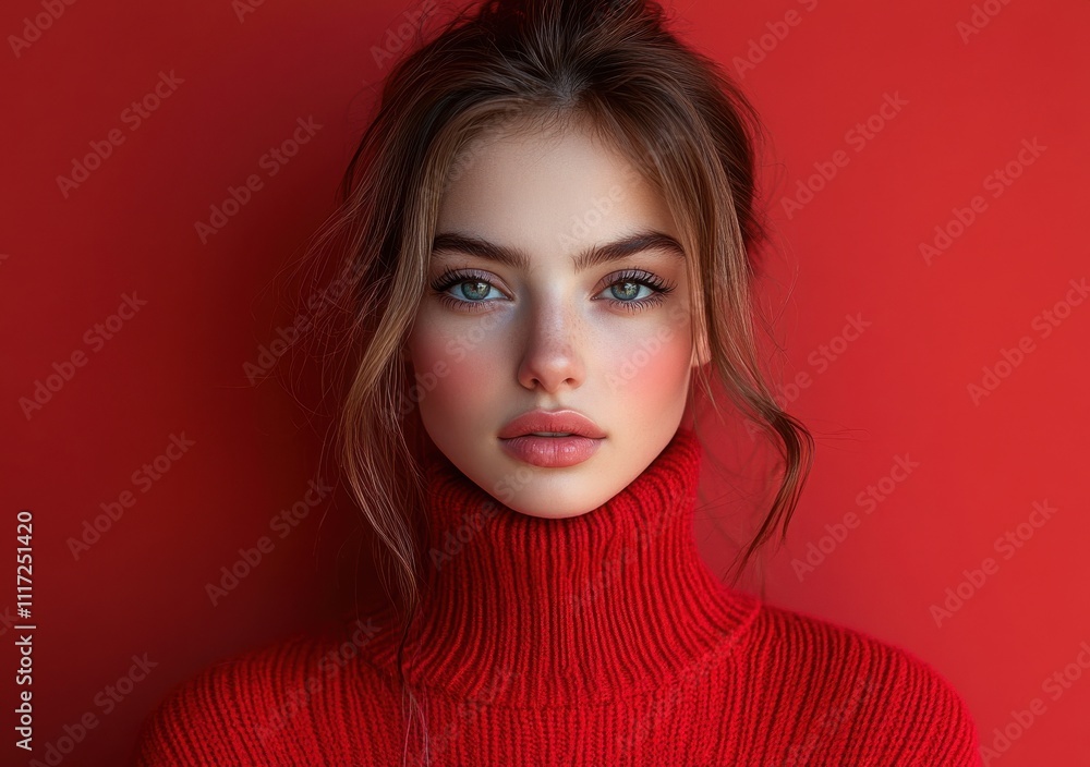 Young woman with striking blue eyes and soft lips, wearing a cozy red sweater against a vibrant red background, showcasing beauty and elegance in a minimalistic portrait. Young woman with striking blue eyes and soft lips, wearing a cozy red sweater against a vibrant red background, showcasing beauty and elegance in a minimalistic portrait.