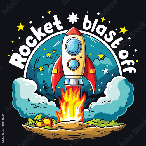 Colorful cartoon rocket blasting off with bright flames, smoke, and playful Rocket Blast Off text surrounded by stars. Fun kids space adventure concept
