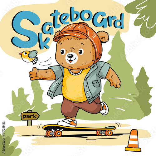 Cute cartoon bear skateboarding in park wearing cap and casual outfit with playful Skateboard text and small bird. Fun kids outdoor adventure concept
