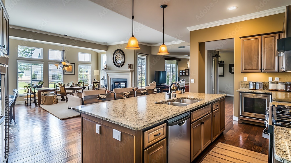 Fototapeta premium Modern kitchen with an open layout, featuring a central island and living area in view.