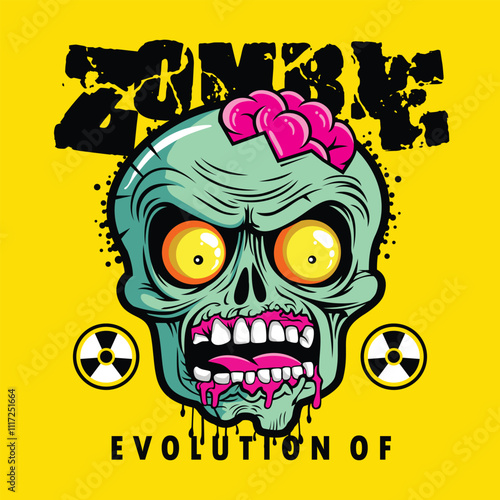 Grunge-style cartoon zombie head with glowing yellow eyes, exposed brain, and dripping mouth on bright yellow background. Horror concept illustration

