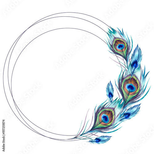 Peacock feathers round frame. The illustration is hand-drawn, executed in watercolor. A beautiful bright multicolored Phoenix bird feather on a white background. Asian, Indian, Japanese ornament