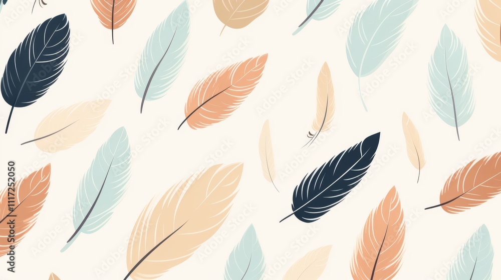 A seamless pattern of delicate feathers arranged in a minimalist design on a soft plain background, ideal for textile or wallpaper designs. A seamless pattern of delicate feathers arranged in a minimalist design on a soft plain background, ideal for textile or wallpaper designs.