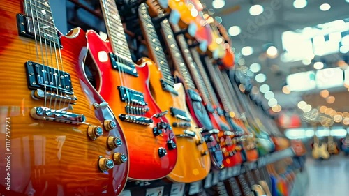 Vibrant electric guitars in a music shop display