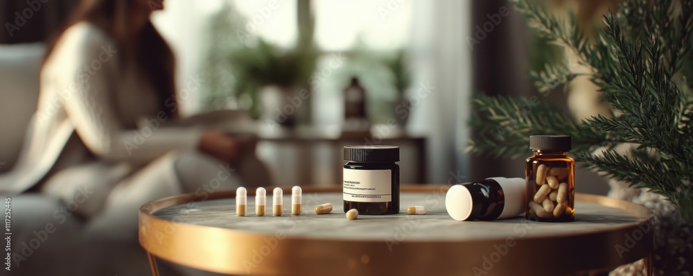 Assorted supplement capsules and jars on a modern coffee table with a blurred cozy living room background. Assorted supplement capsules and jars on a modern coffee table with a blurred cozy living room background.