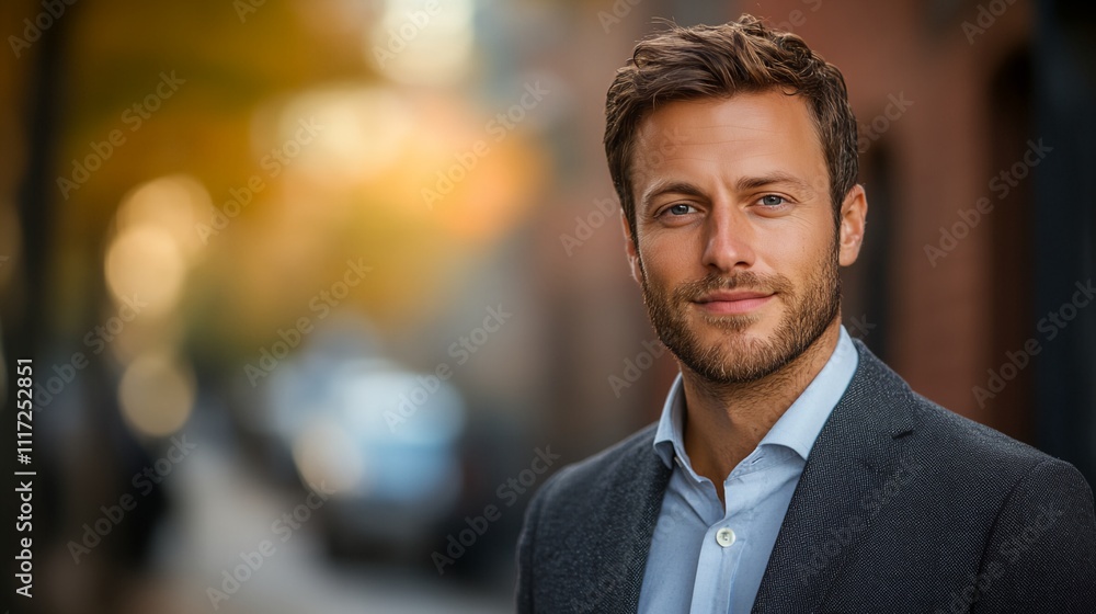 A man in a suit and tie is smiling for the camera. He is standing on a street with cars in the background A man in a suit and tie is smiling for the camera. He is standing on a street with cars in the background