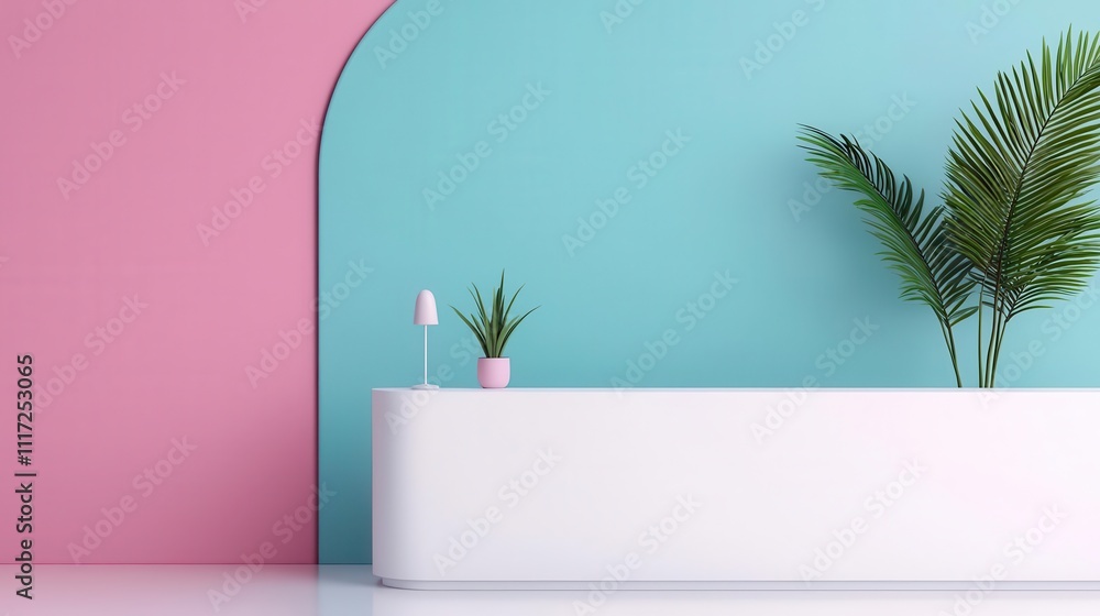Minimal reception space with soft pastel accents, white walls, and a clean, uncluttered desk, pastel minimalist reception, modern, calming Minimal reception space with soft pastel accents, white walls, and a clean, uncluttered desk, pastel minimalist reception, modern, calming