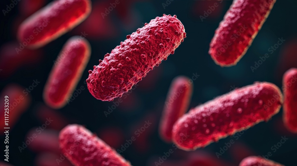 Red bacteria are depicted in a close-up view, showcasing their elongated shapes and textured surfaces against a dark background. Red bacteria are depicted in a close-up view, showcasing their elongated shapes and textured surfaces against a dark background.