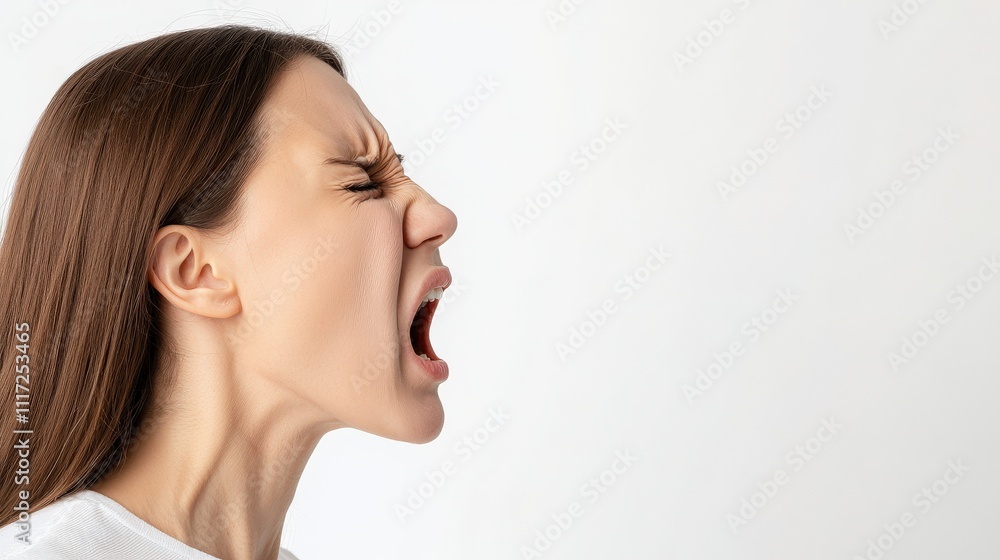 A woman screams passionately, expressing strong emotion against a minimalistic white background. A woman screams passionately, expressing strong emotion against a minimalistic white background.