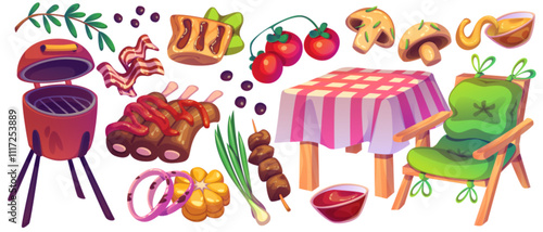Cartoon BBQ scene with outdoor cooking elements - crimson grill and wooden chair with table, meat on skewer and striped bacon, ribs with sauce and sliced onions, fresh vegetables and mushrooms.