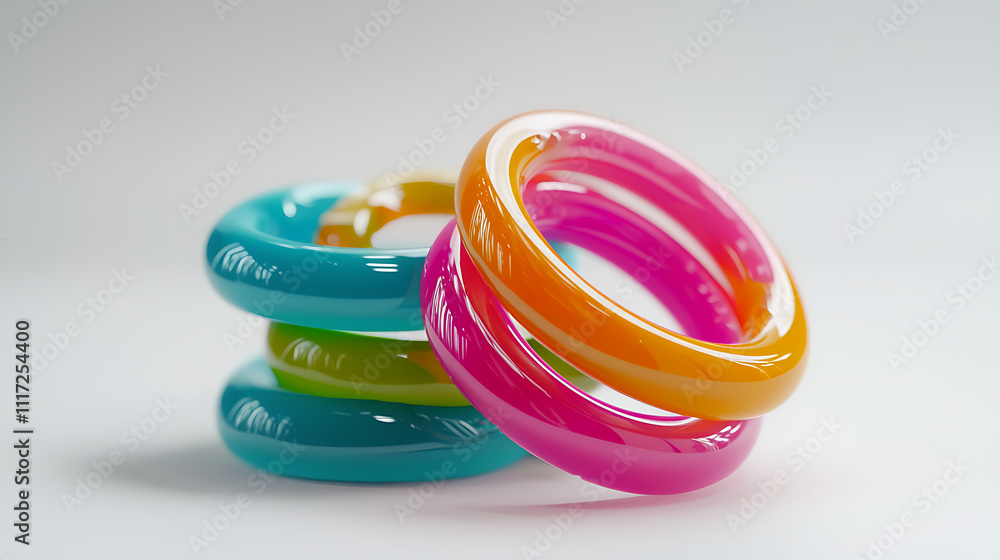 A stack of colorful bracelets with a blue one on the bottom A stack of colorful bracelets with a blue one on the bottom