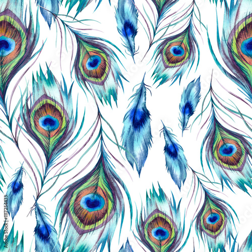 Peacock feathers. Seamless pattern. The illustration is hand-drawn, executed in watercolor. A beautiful bright multicolored Phoenix bird feather on a white background. Asian, Indian ornament