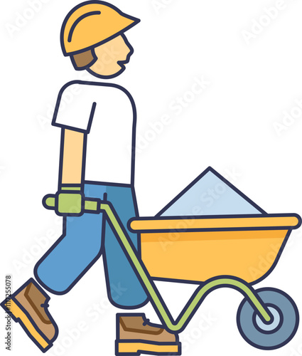 Cartoon construction worker with wheelbarrow full of materials.