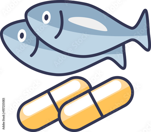 Illustration of fish and capsules symbolizing fish oil supplements.