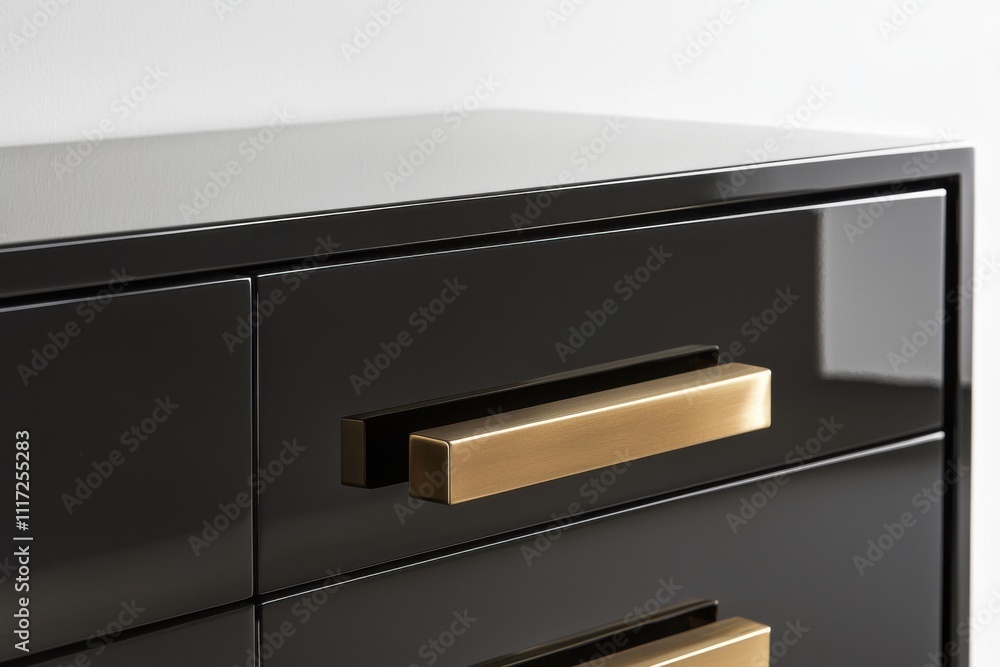 Close-up of a modern black dresser with gold handles. Close-up of a modern black dresser with gold handles.