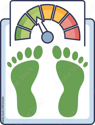 Illustration of a scale with green footprints and a gauge, symbolizing weight measurement.