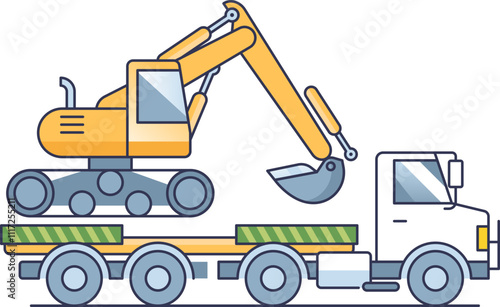 Illustration of a truck transporting an excavator, symbolizing heavy machinery logistics.