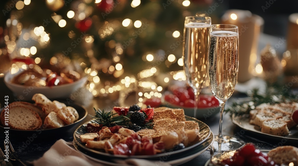 Festive table setup with champagne glasses and appetizers for a celebration Festive table setup with champagne glasses and appetizers for a celebration