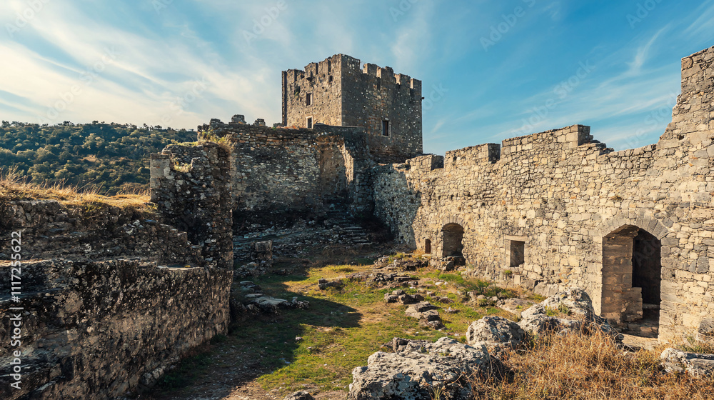 An ancient fortress with robust walls and historical military architecture. An ancient fortress with robust walls and historical military architecture.