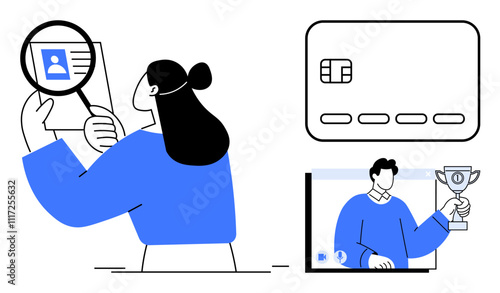 Woman examining user profile with magnifying glass, a credit card, and a man showing a trophy on a video call. Ideal for identity verification, online rewards, financial services, remote