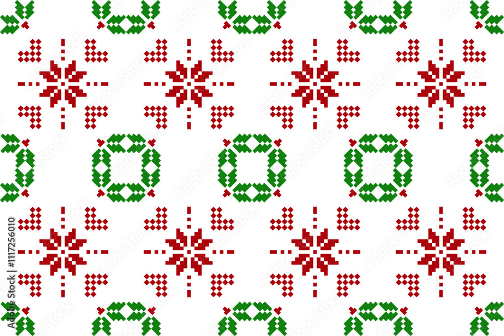 Christmas seamless pixel art pattern with red snowflakes, green wreaths, and heart designs on a white background, ideal for holiday-themed crafts, textiles, wrapping paper, and digital projects Christmas seamless pixel art pattern with red snowflakes, green wreaths, and heart designs on a white background, ideal for holiday-themed crafts, textiles, wrapping paper, and digital projects