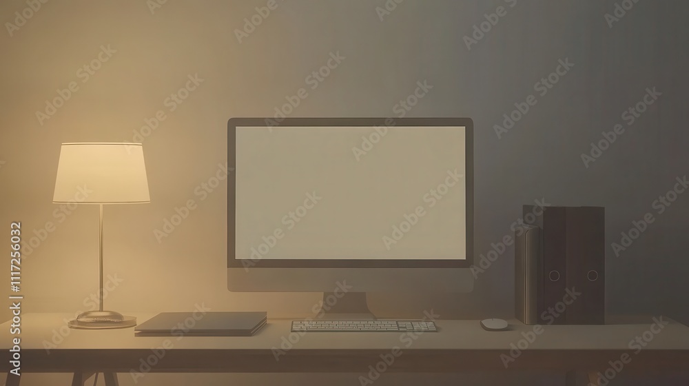 A modern, minimalist home office setup at night, featuring a computer monitor, lamp, and keyboard on a wooden desk. A modern, minimalist home office setup at night, featuring a computer monitor, lamp, and keyboard on a wooden desk.