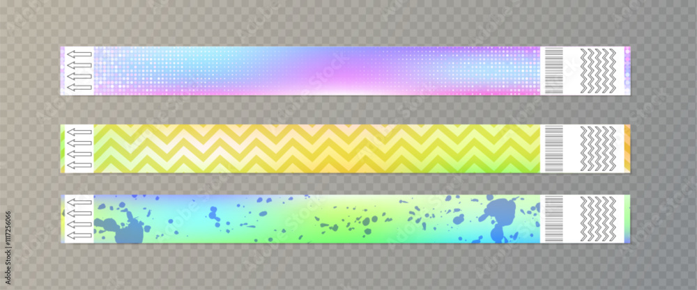 Paper wristbands with holographic foil surface and abstract geometric pattern in iridescent colors. Hologram secure event entrance bracelet tickets identification with barcode and arrow on edges. Paper wristbands with holographic foil surface and abstract geometric pattern in iridescent colors. Hologram secure event entrance bracelet tickets identification with barcode and arrow on edges.