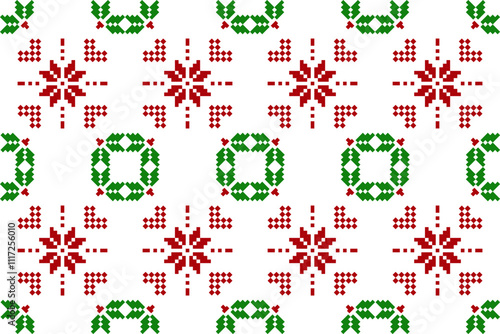 Christmas seamless pixel art pattern with red snowflakes, green wreaths, and heart designs on a white background, ideal for holiday-themed crafts, textiles, wrapping paper, and digital projects